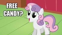 Size: 600x338 | Tagged: safe, edit, edited screencap, screencap, sweetie belle, pony, unicorn, candy, female, filly, happy, image macro, solo