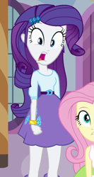 Size: 539x1011 | Tagged: safe, screencap, fluttershy, rarity, equestria girls, equestria girls (movie), belt, clothes, cropped, faic, female, offscreen character, open mouth, shocked, skirt