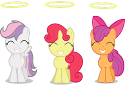 Size: 800x550 | Tagged: safe, apple bloom, scootaloo, sweetie belle, earth pony, pegasus, pony, unicorn, cutie mark crusaders, eyes closed, female, filly, halo, recolor, simple background, smiling, transparent background