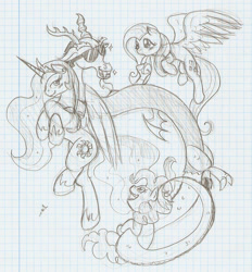 Size: 1024x1105 | Tagged: safe, artist:ravenpuff, discord, fluttershy, pinkie pie, princess celestia, alicorn, draconequus, earth pony, pegasus, pony, discopie, discord gets all the mares, discoshy, discoshylestia, dislestia, female, graph paper, grayscale, harem, hoof shoes, hug, looking up, lucky bastard, male, mare, monochrome, pimp, prehensile tail, shipping, smiling, straight, sunglasses, traditional art