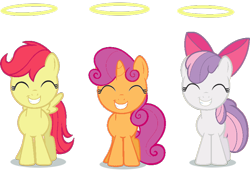 Size: 800x550 | Tagged: safe, apple bloom, scootaloo, sweetie belle, earth pony, pegasus, pony, unicorn, cutie mark crusaders, eyes closed, female, filly, halo, recolor, simple background, smiling, transparent background