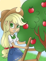 Size: 1024x1365 | Tagged: safe, artist:lavenderrain24, applejack, equestria girls, apple, apple tree, clothes, cowboy hat, cute, denim skirt, food, freckles, hat, ladder, skirt, smiling, solo, stetson, tree