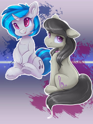 Size: 3600x4800 | Tagged: safe, artist:ardail, dj pon-3, octavia melody, vinyl scratch, earth pony, pony, unicorn, absurd resolution, cute, duo, ear fluff, female, floppy ears, hnnng, looking at you, looking back, looking back at you, mare, sitting, smiling, tavibetes, vinylbetes