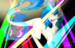 Size: 5500x3500 | Tagged: safe, artist:thedudegamer, dj pon-3, vinyl scratch, classical unicorn, pony, unicorn, absurd resolution, dancing, glowing horn, leonine tail, lights, magic, rave, solo, telekinesis