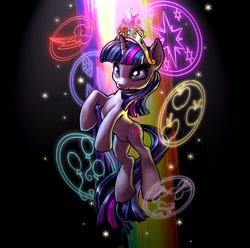 Size: 1200x1188 | Tagged: safe, artist:harwick, artist:kp-shadowsquirrel, derpibooru import, twilight sparkle, pony, unicorn, big crown thingy, element of magic, elements of harmony, female, floating, jewelry, mare, regalia, smiling, solo