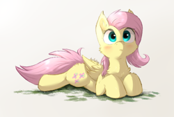 Size: 2338x1582 | Tagged: safe, artist:kaliner123, fluttershy, pegasus, pony, blushing, cheek fluff, chest fluff, cute, female, folded wings, mare, prone, shyabetes, simple background, solo, wings