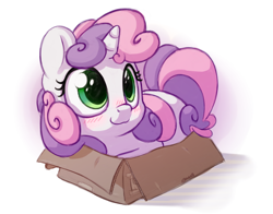 Size: 1400x1100 | Tagged: safe, artist:bobdude0, sweetie belle, pony, unicorn, :3, behaving like a cat, blushing, box, cute, diasweetes, female, filly, foal, kitty belle, pony in a box, prone, simple background, smiling, solo, weapons-grade cute, white background