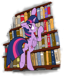 Size: 900x1062 | Tagged: safe, artist:yewdee, derpibooru import, twilight sparkle, twilight sparkle (alicorn), alicorn, pony, bipedal, bipedal leaning, book, bookshelf, plot, solo