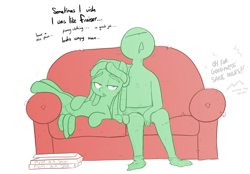 Size: 1180x821 | Tagged: safe, artist:shoutingisfun, tree hugger, oc, oc:anon, earth pony, human, pony, anon's couch, clothes, dialogue, female, food, frasier, human on pony snuggling, implied aftersex, lying down, male, mare, on back, open mouth, pizza, simple background, sitting, snuggling, socks, sofa, underwear, white background