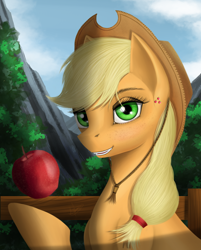 Size: 2610x3239 | Tagged: safe, artist:dezdark, applejack, earth pony, pony, apple, cowboy hat, female, food, grin, hat, mare, smiling, solo, stetson