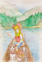 Size: 692x1006 | Tagged: safe, artist:daisymane, applejack, winona, dog, human, boat, clothes, cowboy hat, forest, hat, humanized, lake, looking at you, stetson, traditional art