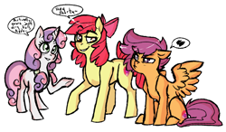 Size: 1200x700 | Tagged: safe, artist:fastserve, apple bloom, scootaloo, sweetie belle, cutie mark, cutie mark crusaders, dialogue, older, raised hoof, simple background, speech bubble, teasing, the cmc's cutie marks, white background