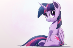 Size: 1500x993 | Tagged: safe, artist:ncmares, derpibooru import, twilight sparkle, twilight sparkle (alicorn), alicorn, pony, chest fluff, cute, signature, simple background, sitting, smiling, solo, twiabetes, white background