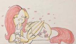 Size: 2823x1627 | Tagged: safe, artist:saphire-dragon42, angel bunny, fluttershy, pegasus, pony, duo, eyes closed, female, floppy ears, folded wings, inktober, inktober 2018, mare, peaceful, prone, smiling, traditional art, wings