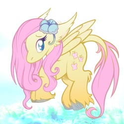 Size: 1280x1280 | Tagged: safe, artist:bookshelph, fluttershy, pegasus, pony, ear fluff, female, floppy ears, flower, flower in hair, leonine tail, looking sideways, mare, solo, spread wings, unshorn fetlocks, wings