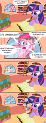 Size: 2540x6700 | Tagged: safe, artist:nuka-kitty, derpibooru import, pinkie pie, twilight sparkle, unicorn twilight, earth pony, pony, unicorn, book, bubble pipe, comic, library, overreaction, pipe, reading, silly