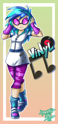 Size: 1886x4000 | Tagged: safe, artist:danmakuman, dj pon-3, vinyl scratch, equestria girls, absurd resolution, clothes, commission, headphones, shoes, signature, smiling, sneakers, solo, sunglasses