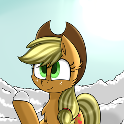 Size: 1000x1000 | Tagged: safe, artist:vale-bandicoot96, applejack, earth pony, pony, applejack's hat, chest fluff, cowboy hat, female, freckles, hat, mare, raised hoof, smiling, snow, snowball, solo, winter