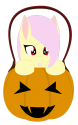 Size: 1598x2557 | Tagged: safe, alternate version, artist:alltimemine, fluttershy, bat pony, pony, cute, fangs, female, filly, flutterbat, foal, halloween, holiday, jack-o-lantern, lineless, looking at you, nightmare night, pumpkin, pumpkin bucket, race swap, simple background, smiling, solo, transparent background, vector, younger