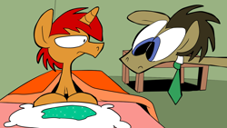 Size: 1280x720 | Tagged: safe, artist:joeywaggoner, doctor whooves, oc, oc:tick tock, bed, glitter