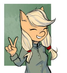 Size: 984x1074 | Tagged: safe, artist:itsanemi, applejack, anthro, abstract background, alternate hairstyle, bust, cute, eyes closed, female, jackabetes, peace sign, pigtails, smiling