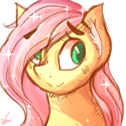 Size: 1000x1000 | Tagged: safe, artist:yellowalpaca0726, fluttershy, pegasus, pony, blushing, bust, ear fluff, ethereal mane, female, hair over one eye, looking sideways, mare, portrait, simple background, smiling, solo, sparkles, starry mane, three quarter view, white background