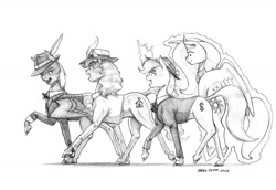 Size: 1400x965 | Tagged: safe, artist:baron engel, princess celestia, oc, oc:carousel, oc:petina, oc:sky brush, alicorn, earth pony, pegasus, pony, unicorn, colored hooves, female, grayscale, male, mare, monochrome, pencil drawing, plushie, simple background, stallion, story included, traditional art, white background