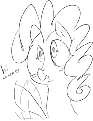 Size: 384x499 | Tagged: safe, artist:dotkwa, pinkie pie, earth pony, pony, blushing, cute, female, heart, hi anon, looking at you, mare, meme, monochrome, open mouth, smiling, solo, waving