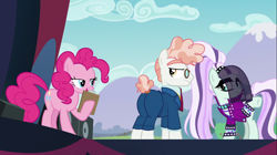 Size: 1366x767 | Tagged: safe, screencap, coloratura, pinkie pie, svengallop, earth pony, pony, the mane attraction, annoyed, bedroom eyes, clipboard, clothes, countess coloratura, out of context, plot