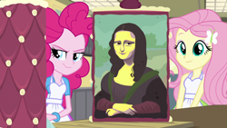 Size: 1280x720 | Tagged: safe, screencap, fluttershy, pinkie pie, acadeca, equestria girls, friendship games, apron, baking, cake, clothes, duo, duo female, female, food, mona lisa, wondercolts