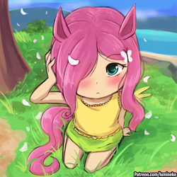 Size: 750x750 | Tagged: safe, artist:lumineko, fluttershy, human, pegasus, pony, blushing, clothes, crossover, eared humanization, female, hair over one eye, humanized, outdoors, shirt, skirt, solo, tailed humanization, uma musume pretty derby, winged humanization, wings, younger