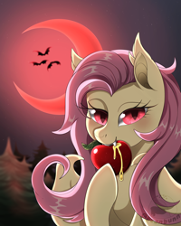 Size: 2000x2500 | Tagged: safe, artist:beanbunn, fluttershy, bat, bat pony, apple, blood moon, crescent moon, eating, fangs, flutterbat, food, looking at you, moon, night, race swap, solo