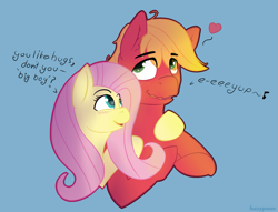 Size: 1371x1048 | Tagged: safe, artist:fuzzypones, big macintosh, fluttershy, pegasus, pony, blue background, blushing, eye clipping through hair, female, floating heart, fluttermac, heart, hug, male, music notes, pictogram, shipping, simple background, straight