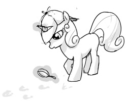 Size: 829x689 | Tagged: safe, artist:ara, sweetie belle, pony, unicorn, black and white, deerstalker, detective, female, filly, grayscale, hat, hoofprints, magnifying glass, monochrome, simple background, white background