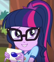 Size: 441x509 | Tagged: safe, derpibooru import, screencap, sci-twi, twilight sparkle, equestria girls, legend of everfree, adorkable, card, cropped, cute, dork, female, glasses, grin, ponytail, smiling, solo, twiabetes