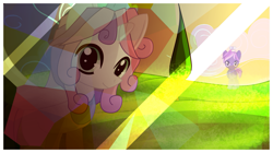 Size: 1603x899 | Tagged: safe, artist:an-m, button mash, sweetie belle, female, male, shipping, straight, sweetiemash