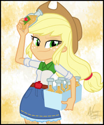 Size: 1749x2110 | Tagged: safe, artist:lunchie, artist:namygaga, applejack, equestria girls, rainbow rocks, belt, belt buckle, bottle, box, cider, clothes, cowboy hat, cowgirl, cute, denim skirt, end credits, female, freckles, hat, jackabetes, shine like rainbows, show accurate, skirt, smiling, solo, stetson