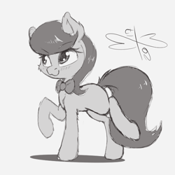 Size: 600x600 | Tagged: safe, artist:malwinters, octavia melody, earth pony, pony, :3, blushing, bowtie, cheek fluff, cute, ear fluff, female, gray background, grayscale, leg fluff, mare, missing cutie mark, monochrome, raised hoof, raised leg, simple background, sketch, solo