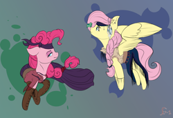 Size: 1024x701 | Tagged: safe, artist:falling-stars-1, fluttershy, pinkie pie, butterfly, pegasus, pony, alternate universe, clothes