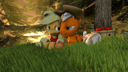 Size: 3840x2160 | Tagged: safe, artist:fiery_lightning, applejack, oc, oc:steel wing, earth pony, pony, 3d, alcohol, apple, bowl, female, food, grass, hat, male, oc x oc, pine tree, shipping, source filmmaker, straight, sunset, tree, vodka