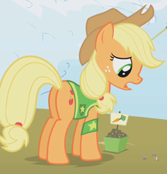 Size: 626x653 | Tagged: safe, screencap, applejack, earth pony, pony, winter wrap up, cropped, female, freckles, looking down, mare, open mouth, plot, solo