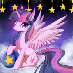 Size: 700x700 | Tagged: safe, artist:yunajee, derpibooru import, twilight sparkle, twilight sparkle (alicorn), alicorn, pony, ball, cloud, sitting, solo, spread wings