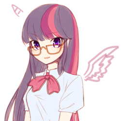 Size: 700x700 | Tagged: safe, artist:yunajee, derpibooru import, twilight sparkle, twilight sparkle (alicorn), alicorn, equestria girls, glasses, simple background, solo