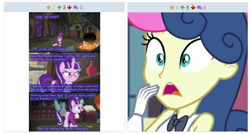 Size: 1290x692 | Tagged: safe, edit, snowfall frost, starlight glimmer, a hearth's warming tail, equestria girls, friendship games, blurry, derpibooru, exploitable meme, juxtaposition, juxtaposition win, meme, meta, shocked