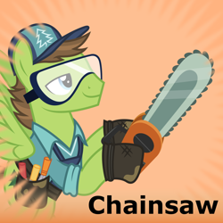 Size: 1024x1024 | Tagged: safe, douglas spruce, evergreen, pegasus, pony, chainsaw, derpibooru, goggles, hat, hoof hold, male, meta, official spoiler image, solo, spoilered image joke, stallion