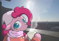 Size: 6039x4263 | Tagged: safe, artist:zemlya, pinkie pie, earth pony, pony, absurd resolution, clothes, coffee mug, female, floppy ears, irl, mare, mug, photo, ponies in real life, scarf, smiling, solo