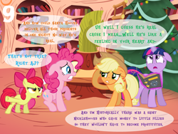 Size: 1024x768 | Tagged: safe, artist:bronybyexception, apple bloom, applejack, pinkie pie, earth pony, pony, advent calendar, book, bookshelf, christmas, christmas tree, disbelief, doubt, female, filly, golden oaks library, hat, holiday, mare, saint nicklehooves, santa claus, santa hat, santa hooves, tree