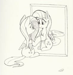 Size: 2248x2296 | Tagged: safe, artist:taurson, fluttershy, pegasus, pony, duality, female, inktober, inktober 2018, mare, mirror, monochrome, reflection, sketch, solo