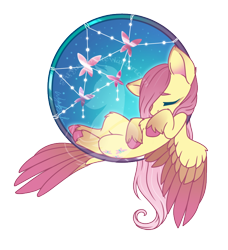 Size: 750x822 | Tagged: safe, artist:fuyusfox, fluttershy, alicorn, butterfly, pegasus, pony, cute, dreamcatcher, female, mare, night, shyabetes, simple background, sleeping, solo, stars, tail feathers, transparent background, unshorn fetlocks, watermark