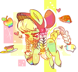 Size: 687x638 | Tagged: safe, artist:clockworkquartet, granny smith, earth pony, pony, abstract background, adorasmith, apple, apple pie, bedroom eyes, braid, braided tail, cute, eyelashes, female, filly, food, heart, heart eyes, hood, hoof hold, jam, jar, pie, smiling, solo, swirly eyes, wingding eyes, young granny smith, younger, zap apple, zap apple jam, zap apple pie